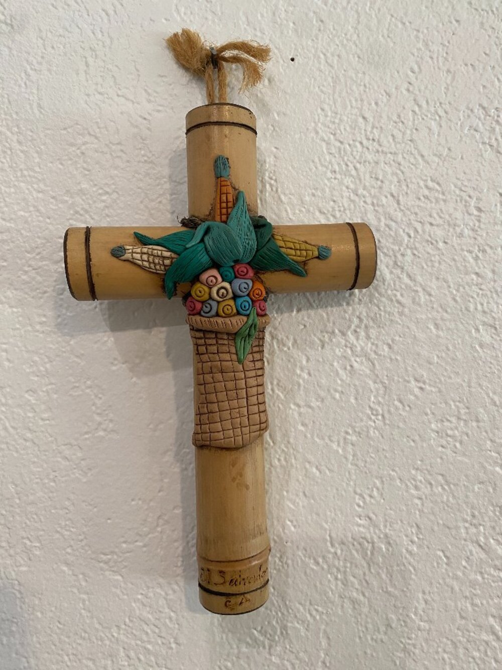 El Salvador Bamboo Cross Hand Painted Clay Corn Flower Basket Folk Art Signed